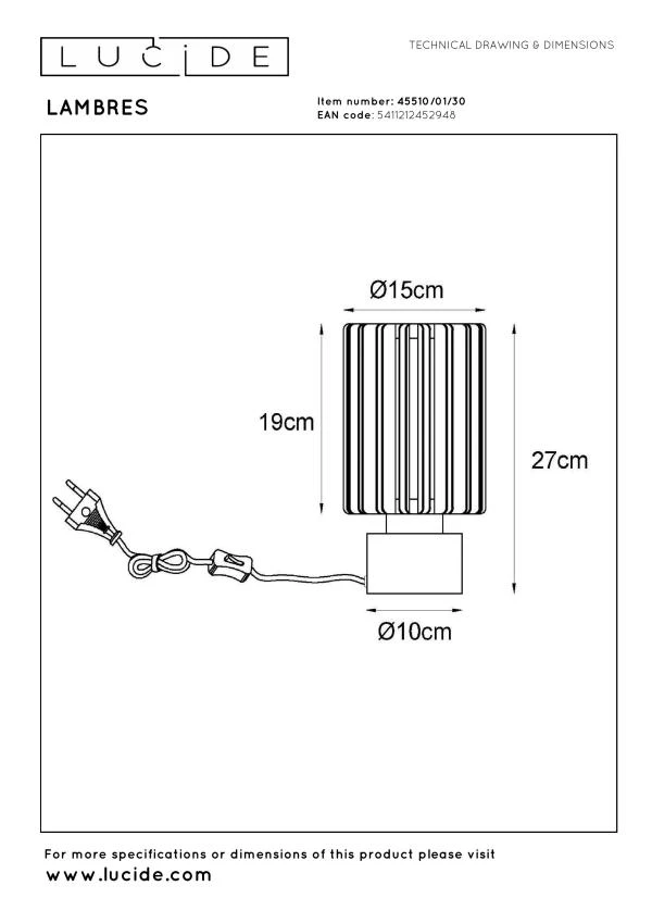 Lucide LAMBRES - Lampe de table - Ø 15 cm - 1xE27 - Noir - technique